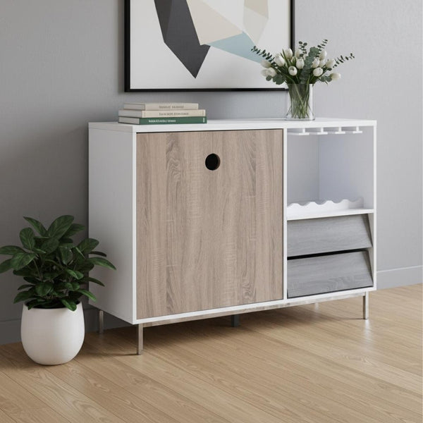 HomeRoots 47" White Multifunctional Sideboard - Sleek Two-Door Cabinet with Drawers & Wine Rack for Storage 625251
