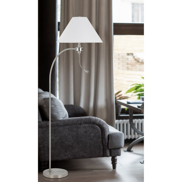 HomeRoots 68" Nickel Metal Floor Lamp with White Fabric Shade - Elegant Task Lighting for Modern Spaces 625260