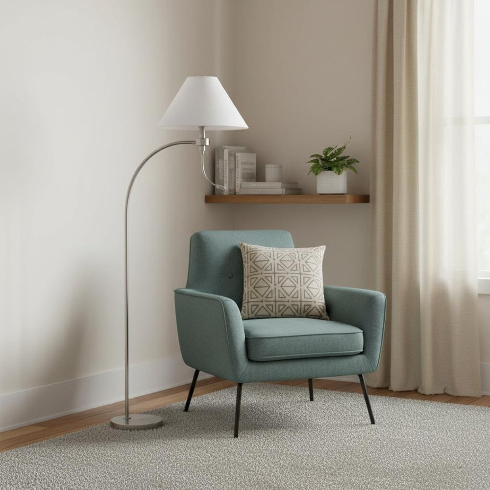 HomeRoots 68" Nickel Metal Floor Lamp with White Fabric Shade - Elegant Task Lighting for Modern Spaces 625260