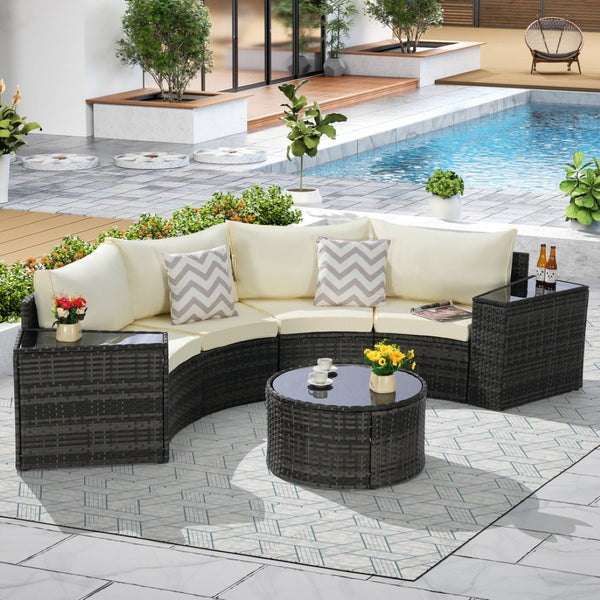 English Elm Outdoor Half Moon Sectional Set 7 Piece Rattan Sofa with Tempered Glass Coffee Table Beige W874S00044