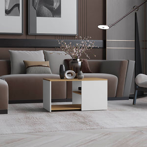 English Elm Coffee engineered wood coffee table on casters with single shelf, minimalist, durable, eco-friendly White+Natural 37.01 L x 31.5 W x 4.33 H B097P262372