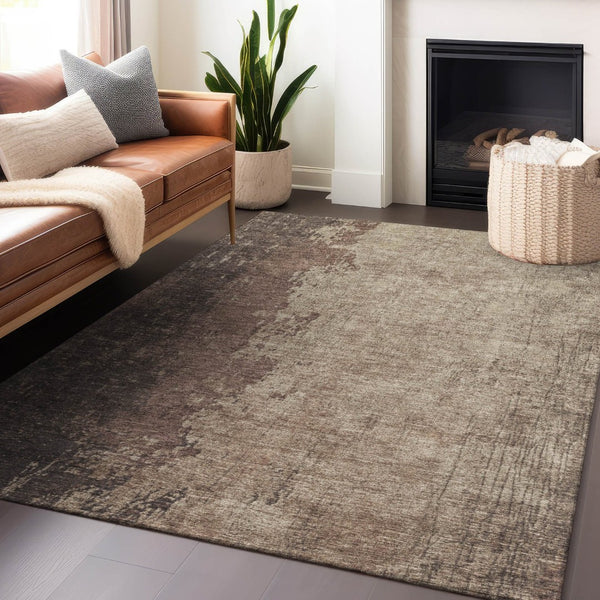 HomeRoots 10' Chocolate & Taupe Abstract Indoor Outdoor Area Rug - Durable, Washable, Modern Design for Any Space 625330