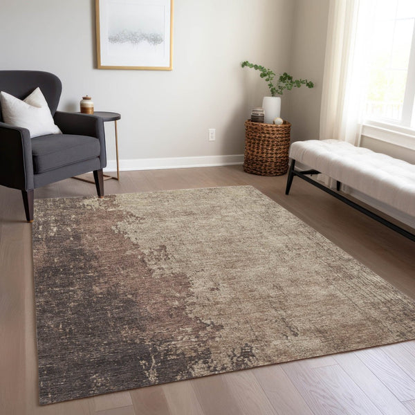 HomeRoots 10' Chocolate & Taupe Abstract Indoor Outdoor Area Rug - Durable, Washable, Modern Design for Any Space 625330