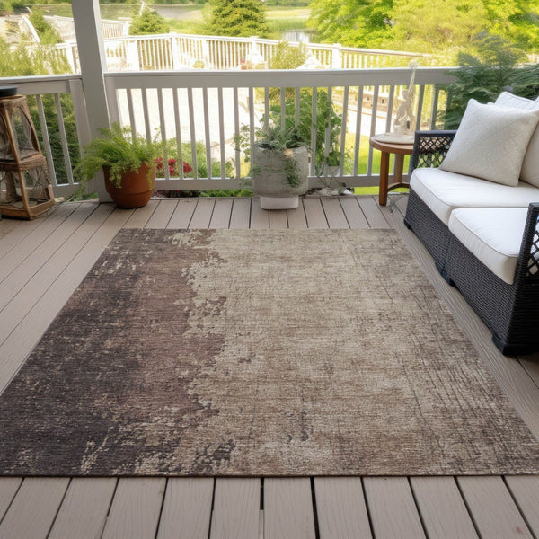 HomeRoots 10' Chocolate & Taupe Abstract Indoor Outdoor Area Rug - Durable, Washable, Modern Design for Any Space 625330