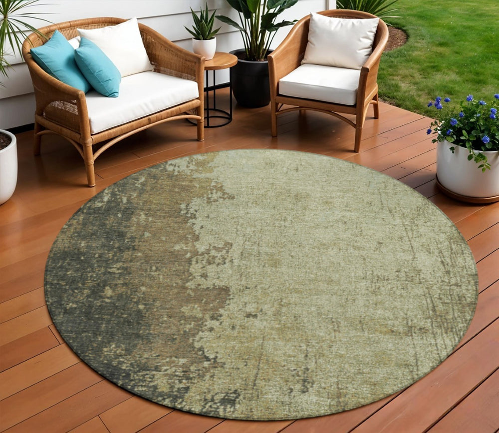 HomeRoots 8' Olive Green and Brown Round Abstract Area Rug - Stylish, Stain-Resistant, Washable for Indoor & Outdoor Use 625339
