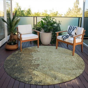 HomeRoots 8' Olive Green and Brown Round Abstract Area Rug - Stylish, Stain-Resistant, Washable for Indoor & Outdoor Use 625339