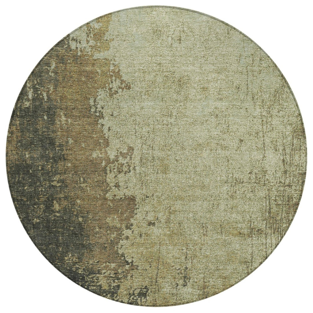 HomeRoots 8' Olive Green and Brown Round Abstract Area Rug - Stylish, Stain-Resistant, Washable for Indoor & Outdoor Use 625339