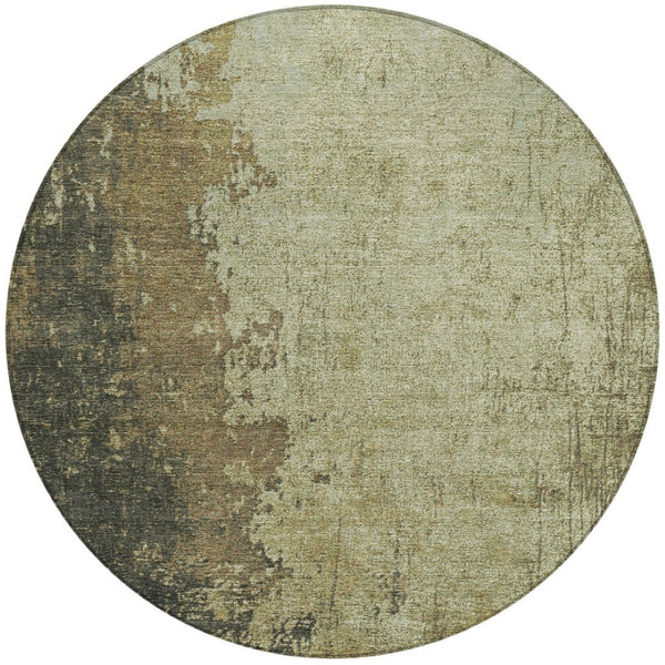 HomeRoots 8' Olive Green and Brown Round Abstract Area Rug - Stylish, Stain-Resistant, Washable for Indoor & Outdoor Use 625339