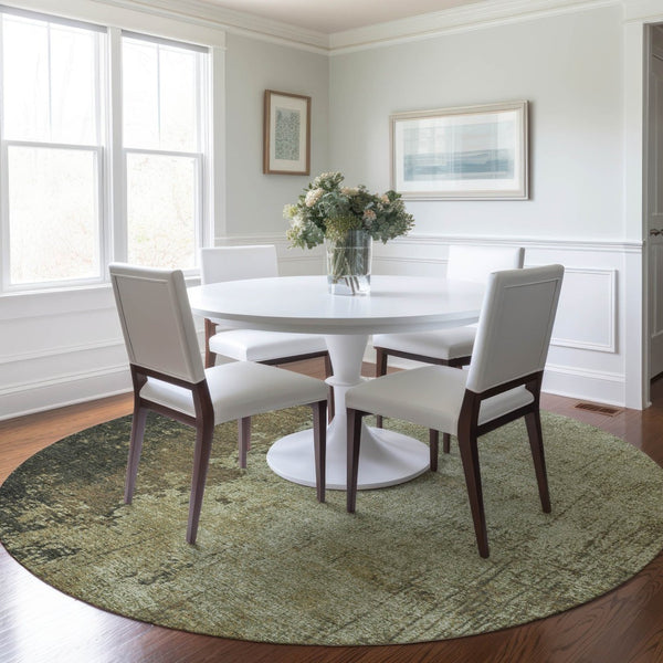HomeRoots 8' Olive Green and Brown Round Abstract Area Rug - Stylish, Stain-Resistant, Washable for Indoor & Outdoor Use 625339