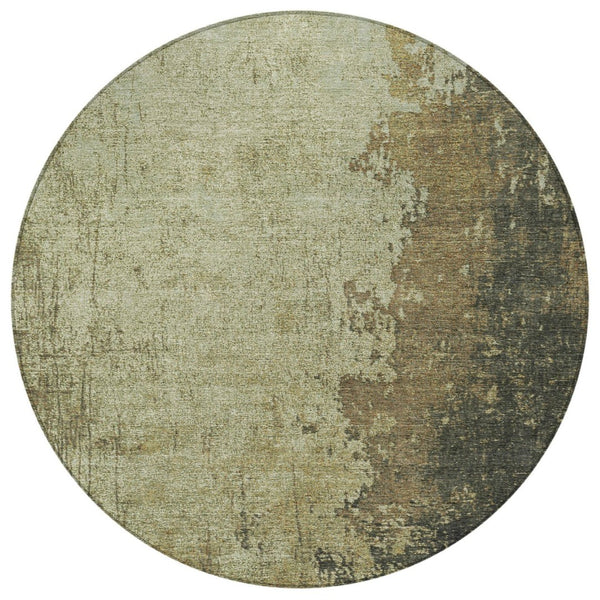 HomeRoots 8' Olive Green and Brown Round Abstract Area Rug - Stylish, Stain-Resistant, Washable for Indoor & Outdoor Use 625339