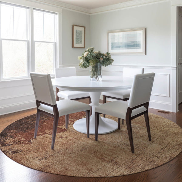 HomeRoots 8' Rust and Copper Round Abstract Area Rug - Stylish, Washable, Durable for Indoor & Outdoor Use 625345