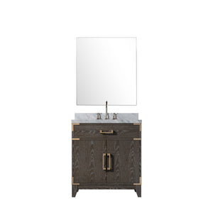 English Elm Brown Oak Single Sink Vanity Set With Carrara Marble Top, Chrome Faucet & 28" Mirror For Elegance B2731S02002