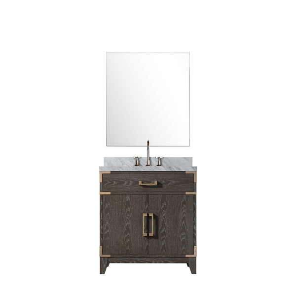 English Elm Brown Oak Single Sink Vanity Set With Carrara Marble Top, Chrome Faucet & 28" Mirror For Elegance B2731S02002