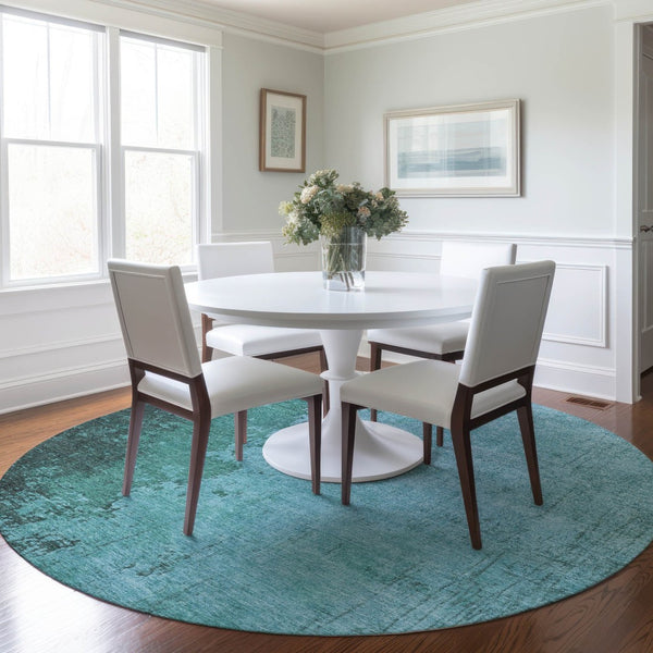 HomeRoots 8' Teal Blue Aqua Round Rug - Washable, Durable, Stylish Indoor/Outdoor Area Rug for High Traffic Spaces 625351