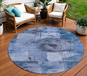 HomeRoots 8' Round Abstract Area Rug in Blue & Sky Blue – Washable, Non-Slip, Durable for Indoor/Outdoor Use 625363