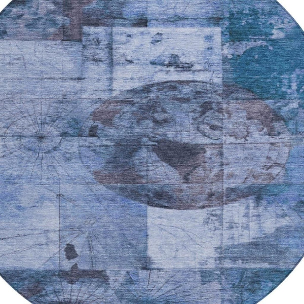 HomeRoots 8' Round Abstract Area Rug in Blue & Sky Blue – Washable, Non-Slip, Durable for Indoor/Outdoor Use 625363