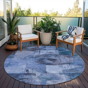 HomeRoots 8' Round Abstract Area Rug in Blue & Sky Blue – Washable, Non-Slip, Durable for Indoor/Outdoor Use 625363