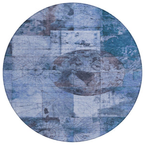 HomeRoots 8' Round Abstract Area Rug in Blue & Sky Blue – Washable, Non-Slip, Durable for Indoor/Outdoor Use 625363