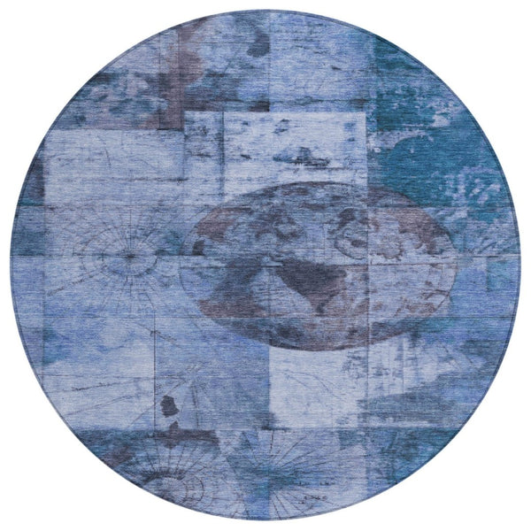 HomeRoots 8' Round Abstract Area Rug in Blue & Sky Blue – Washable, Non-Slip, Durable for Indoor/Outdoor Use 625363
