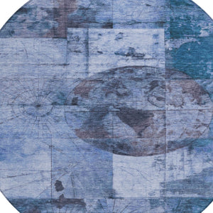 HomeRoots 8' Round Abstract Area Rug in Blue & Sky Blue – Washable, Non-Slip, Durable for Indoor/Outdoor Use 625363