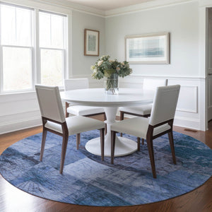 HomeRoots 8' Round Abstract Area Rug in Blue & Sky Blue – Washable, Non-Slip, Durable for Indoor/Outdoor Use 625363