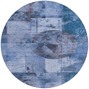 HomeRoots 8' Round Abstract Area Rug in Blue & Sky Blue – Washable, Non-Slip, Durable for Indoor/Outdoor Use 625363