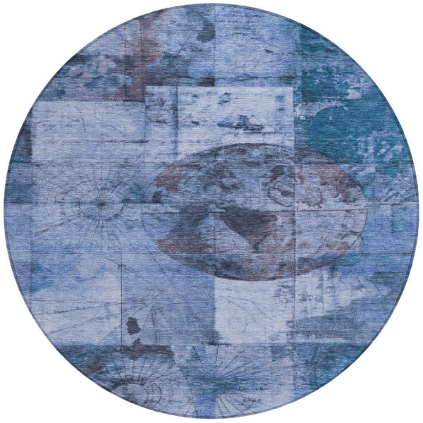 HomeRoots 8' Round Abstract Area Rug in Blue & Sky Blue – Washable, Non-Slip, Durable for Indoor/Outdoor Use 625363
