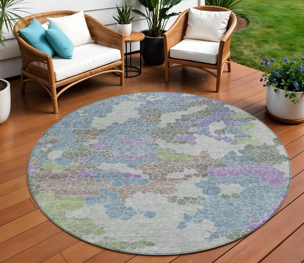 HomeRoots 8' Blue Lavender Round Geometric Washable Area Rug - Stylish, Durable, Perfect for Indoor & Outdoor Use 625393