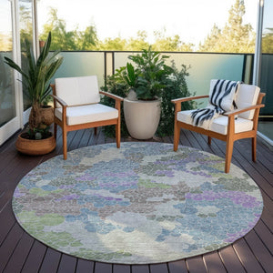 HomeRoots 8' Blue Lavender Round Geometric Washable Area Rug - Stylish, Durable, Perfect for Indoor & Outdoor Use 625393
