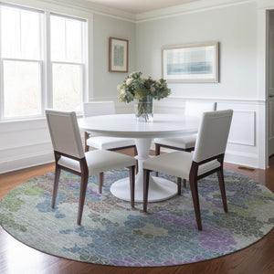 HomeRoots 8' Blue Lavender Round Geometric Washable Area Rug - Stylish, Durable, Perfect for Indoor & Outdoor Use 625393