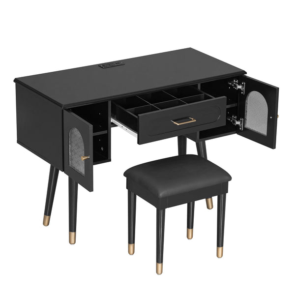 English Elm Elegant Vanity Makeup Table with Charging Station & Carved Glass Door, Sturdy Stool Included Black N844P285188B