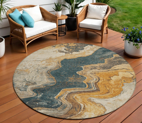 HomeRoots 8' Linen & Charcoal Abstract Round Area Rug - Washable, Stain-Resistant, Indoor/Outdoor Versatility 625423