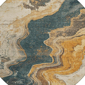 HomeRoots 8' Linen & Charcoal Abstract Round Area Rug - Washable, Stain-Resistant, Indoor/Outdoor Versatility 625423