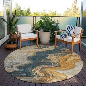 HomeRoots 8' Linen & Charcoal Abstract Round Area Rug - Washable, Stain-Resistant, Indoor/Outdoor Versatility 625423