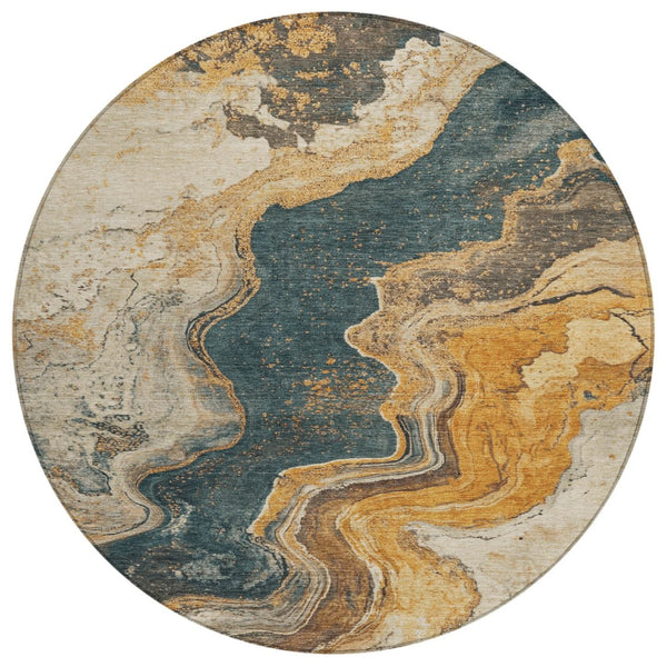 HomeRoots 8' Linen & Charcoal Abstract Round Area Rug - Washable, Stain-Resistant, Indoor/Outdoor Versatility 625423