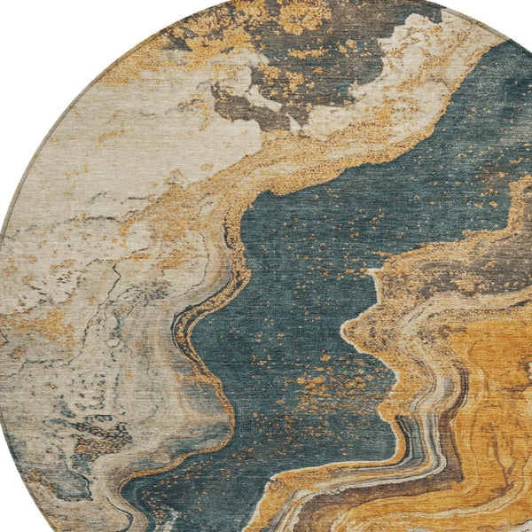 HomeRoots 8' Linen & Charcoal Abstract Round Area Rug - Washable, Stain-Resistant, Indoor/Outdoor Versatility 625423