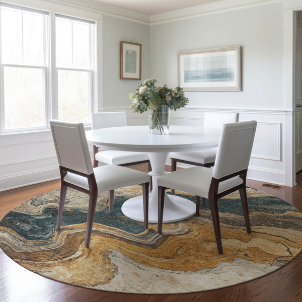 HomeRoots 8' Linen & Charcoal Abstract Round Area Rug - Washable, Stain-Resistant, Indoor/Outdoor Versatility 625423