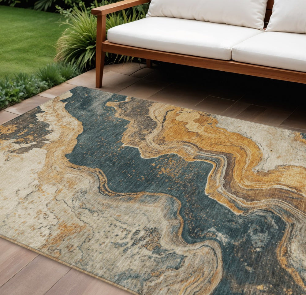 HomeRoots 9' X 12' Linen And Charcoal Abstract Area Rug – Washable, Durable, Perfect for Indoor & Outdoor Use 625425