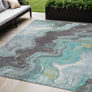 HomeRoots 5' X 8' Teal Blue & Charcoal Abstract Area Rug - Durable, Washable, Versatile for Indoor/Outdoor Use 625428