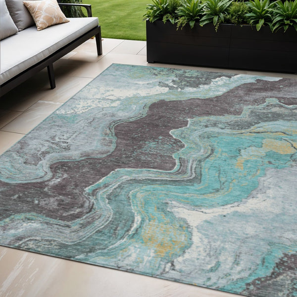 HomeRoots 5' X 8' Teal Blue & Charcoal Abstract Area Rug - Durable, Washable, Versatile for Indoor/Outdoor Use 625428