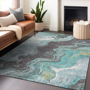 HomeRoots 5' X 8' Teal Blue & Charcoal Abstract Area Rug - Durable, Washable, Versatile for Indoor/Outdoor Use 625428
