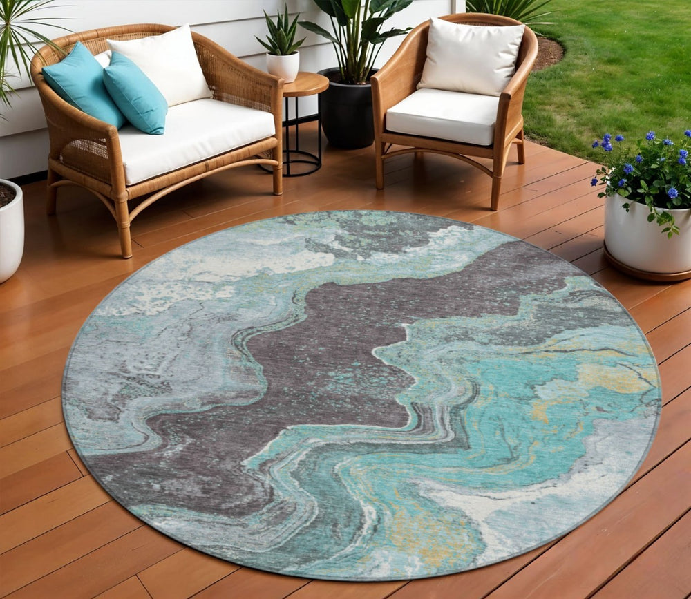 HomeRoots 8' Teal Blue & Charcoal Round Abstract Rug - Stylish, Washable, Durable for Indoor & Outdoor Use! 625429