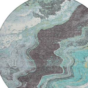 HomeRoots 8' Teal Blue & Charcoal Round Abstract Rug - Stylish, Washable, Durable for Indoor & Outdoor Use! 625429