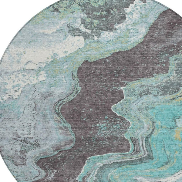 HomeRoots 8' Teal Blue & Charcoal Round Abstract Rug - Stylish, Washable, Durable for Indoor & Outdoor Use! 625429