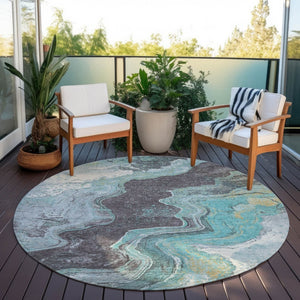 HomeRoots 8' Teal Blue & Charcoal Round Abstract Rug - Stylish, Washable, Durable for Indoor & Outdoor Use! 625429