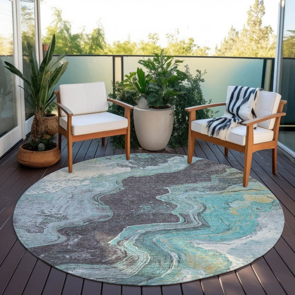 HomeRoots 8' Teal Blue & Charcoal Round Abstract Rug - Stylish, Washable, Durable for Indoor & Outdoor Use! 625429