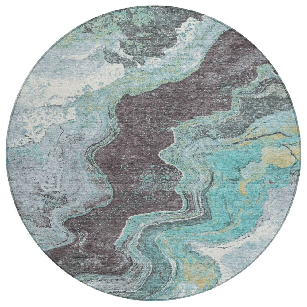 HomeRoots 8' Teal Blue & Charcoal Round Abstract Rug - Stylish, Washable, Durable for Indoor & Outdoor Use! 625429