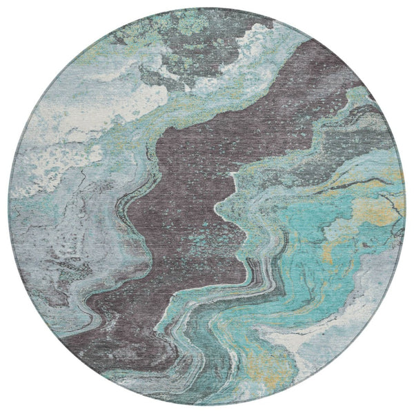 HomeRoots 8' Teal Blue & Charcoal Round Abstract Rug - Stylish, Washable, Durable for Indoor & Outdoor Use! 625429