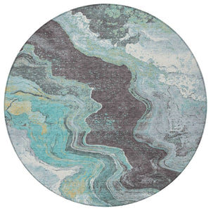 HomeRoots 8' Teal Blue & Charcoal Round Abstract Rug - Stylish, Washable, Durable for Indoor & Outdoor Use! 625429