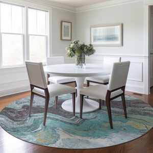 HomeRoots 8' Teal Blue & Charcoal Round Abstract Rug - Stylish, Washable, Durable for Indoor & Outdoor Use! 625429
